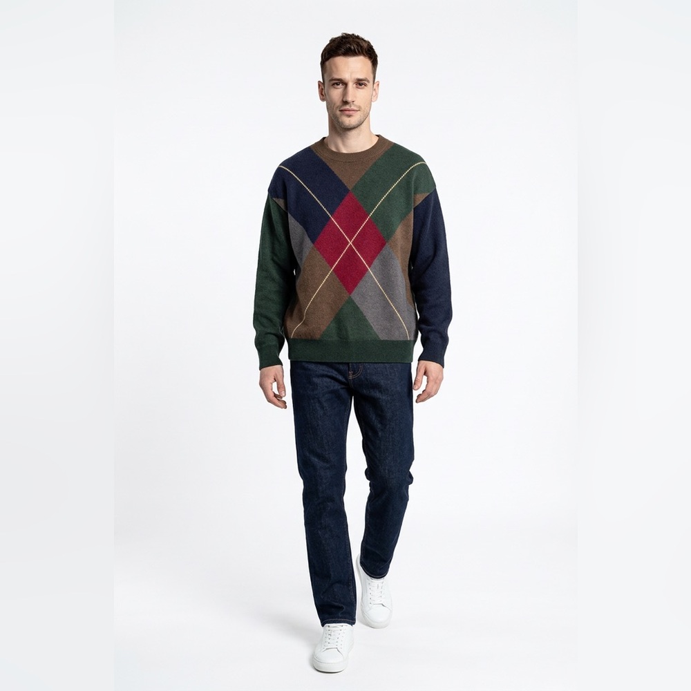 Vintage Nautica Diamond Cottage Sweater Multicolor Pattern Linen Blend Mens Sz M